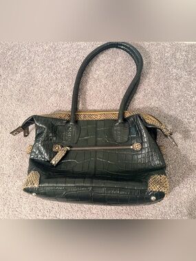 Black Croc-Embossed Shoulder Bag with Snake-Print Accent